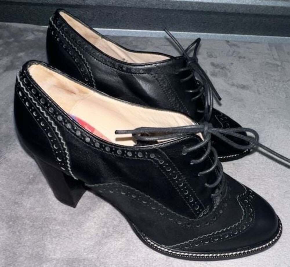 Jon Josef Black Leather Brogue Oxford Block Heel Pumps Made in Spain